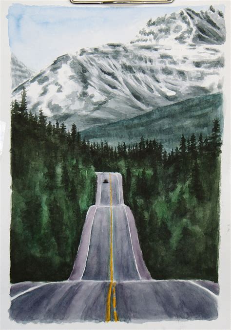 Watercolor Mountains Road Forest Mountains Art Painting Painting Art