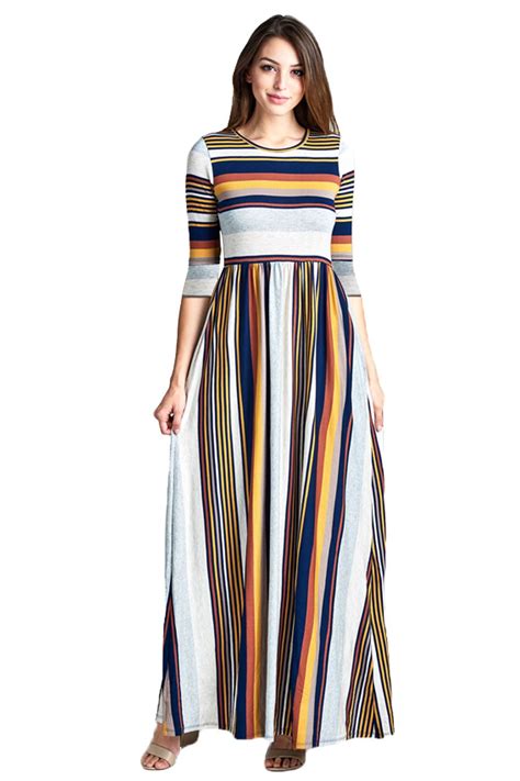 Multicolor Mustard Style Pocket Striped Casual Maxi Dress Style Maxi