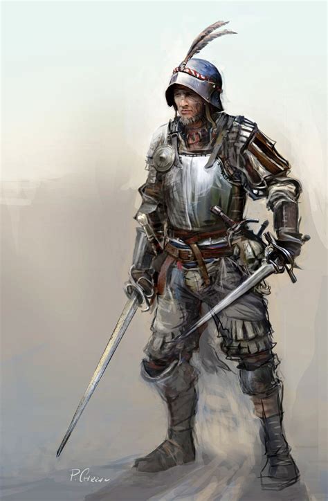 A Drawing Of A Man In Armor Holding Two Swords And Wearing A Helmet