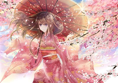 hd wallpaper cherry trees umbrella kimono original characters pink cherry blossom