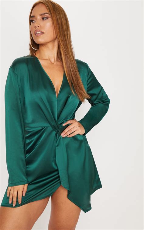 plus emerald green satin wrap dress prettylittlething il