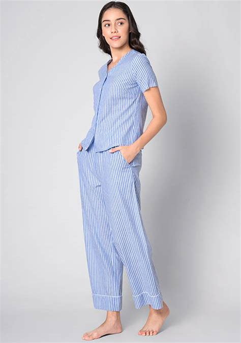 Buy Women Blue Striped Short Sleeved Pyjama Set Pajama Sets Online