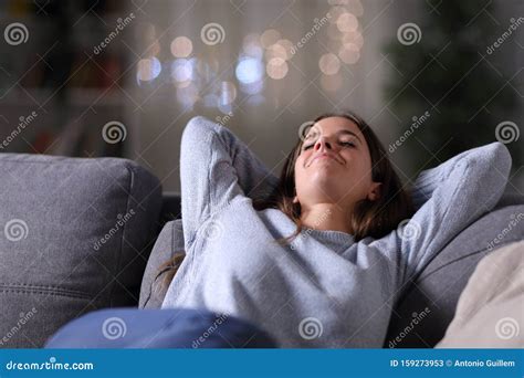 Happy Relaxed Woman Resting At Home In The Night Stock Image Image Of