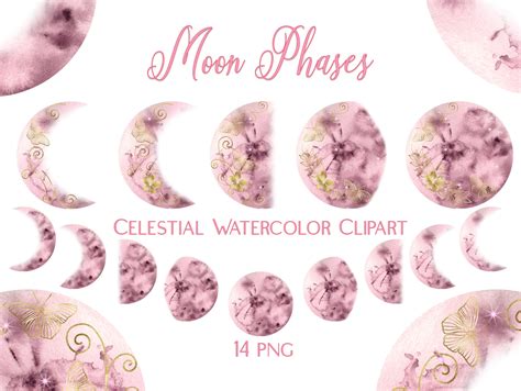 Watercolor Moons Clipart Set Boho Celestial Clipart Moon Phases
