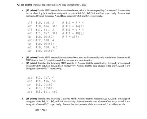 Solved QI 60 Points Translate The Following MIPS Code Chegg Com