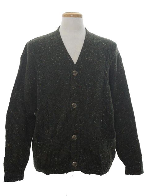 1980s Vintage Caridgan Sweater 80s Alan Michaels Mens Dark Khaki