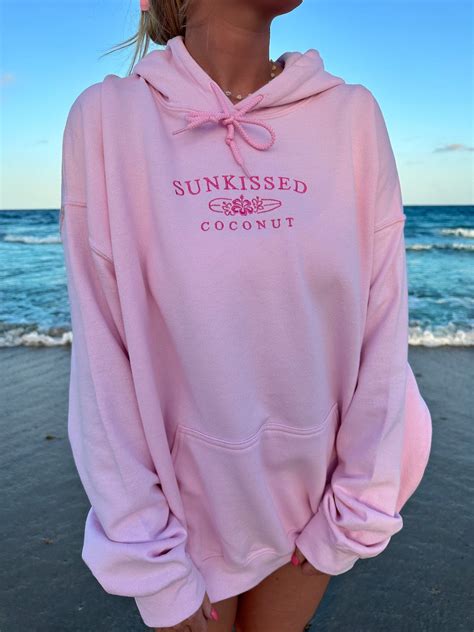 light pink embroider sunkissedcoconut hoodie etsy