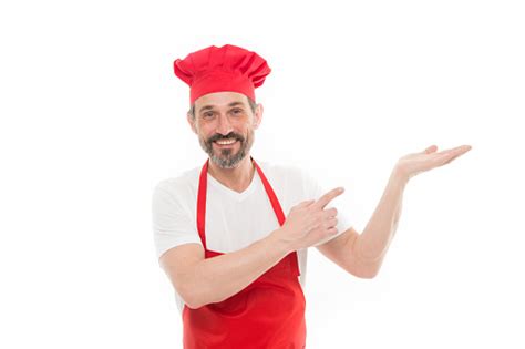 Pointing At Something Senior Cook With Beard And Moustache Wearing Bib Apron Bearded Mature Man
