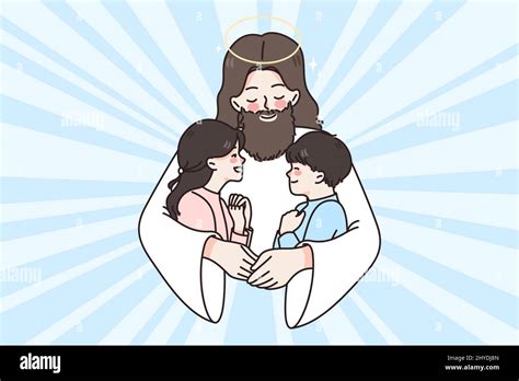 Jesus Christ hug cuddle small kids give love and care. Attentive father