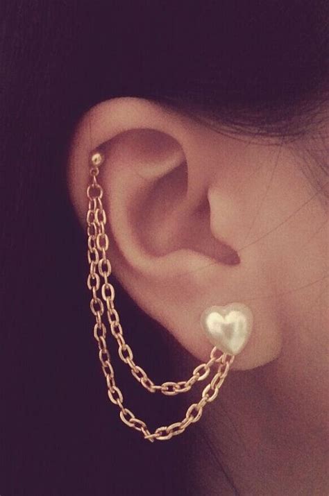Pearl Heart Cartilage Chain Earrings Double Lobe Helix Ear Cuff Jewelry