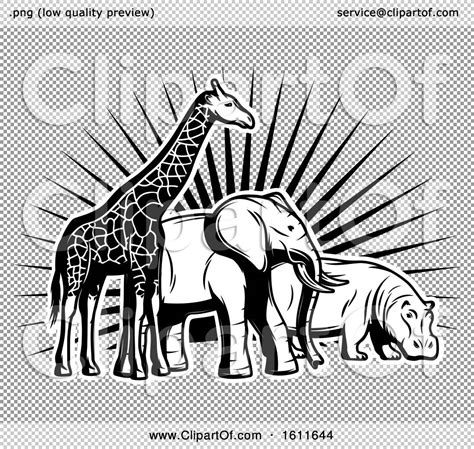 Clipart Of A Black And White Giraffe Elephant And Hippo Against Sun