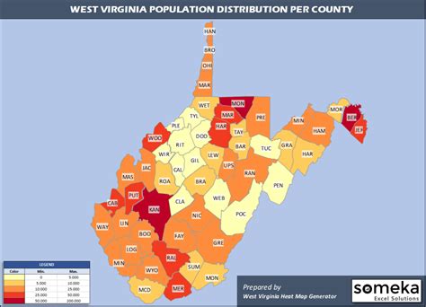 West Virginia County Map And Population List In Excel