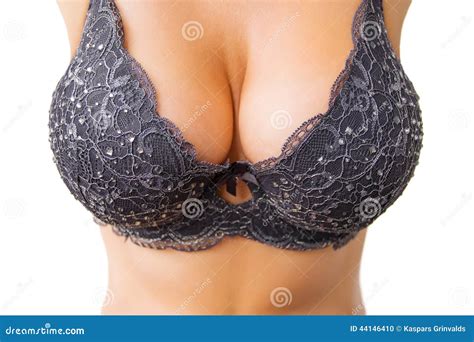 Mooie Curvy Vrouw Met Grote Borsten In Zwarte Bustehouder Stock Foto