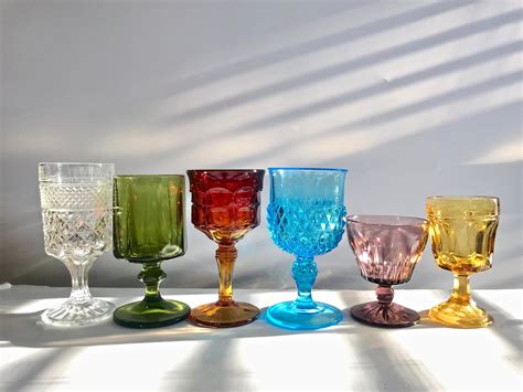 Vintage Mismatched Goblets Set Of 6 Colored Glasses Ornate Etsy Unique Centerpieces Vintage
