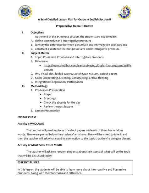 Lesson Plan Possessive Pronouns A Semi Detailed Lesson Plan Sexiz Pix