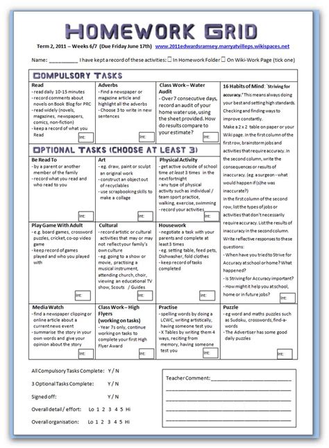 Year 2 Homework Grid