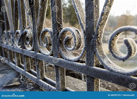 Metal Fence Covered With Frost Stock Image Image Of Autumn Beach