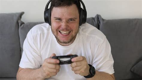 Man Playing Video Games On Console Different Emotions Angry Happiness
