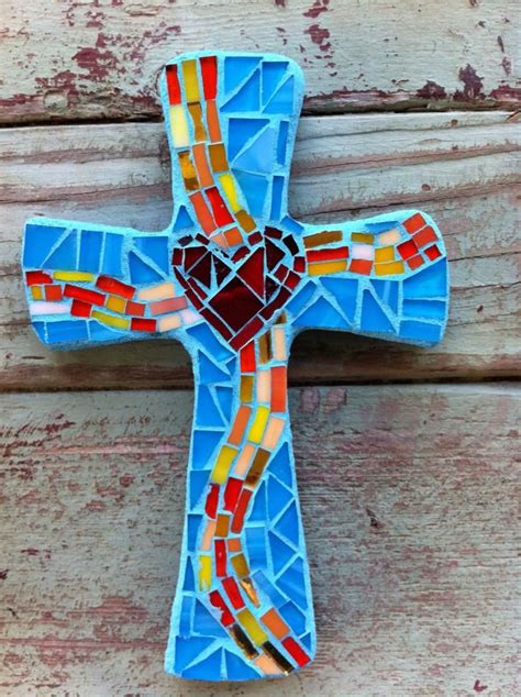 Small Mosaic Cross Turquoise With Heart Etsy Mosaic Crosses Cross