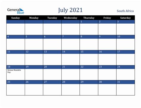 July 2021 Monthly Calendar With South Africa Holidays