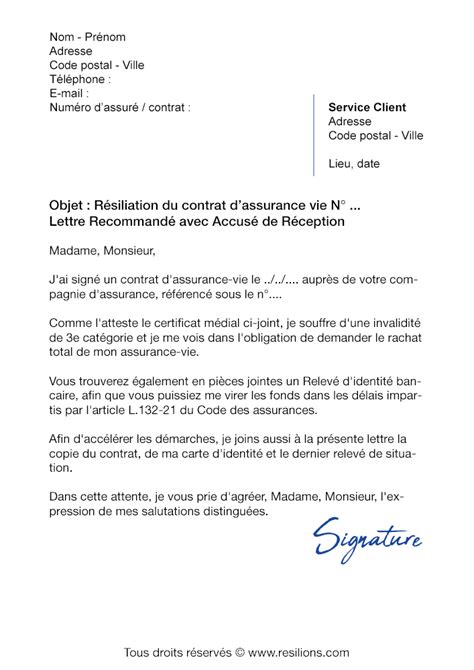 Lettre De R Siliation Assurance Vie La Banque Postale Mod Le Gratuit