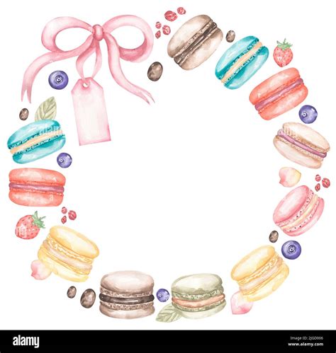 Watercolor Macaron Cookies Illustration Wreath French Bakery Frame