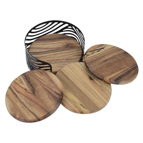 Acacia Wood 4 Piece Coaster Set In Metal Stand Round