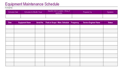 equipment maintenance schedule template excel planner template free