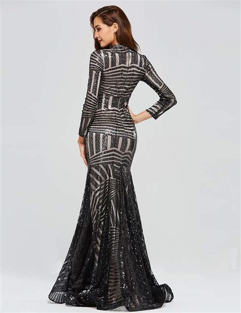Long Sexy Evening Dresses High Neck Long Sleeve Sparkly Silver