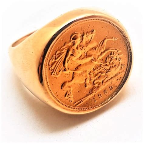 9ct Half Sovereign1982 In 9ct Yellow Gold Mount Ring Yellow Gold Mens
