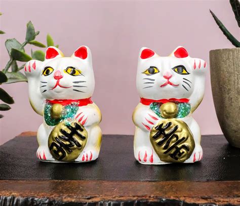 Japanese Right And Left Paws Beckoning Cat Maneki Neko Ceramic Figurine