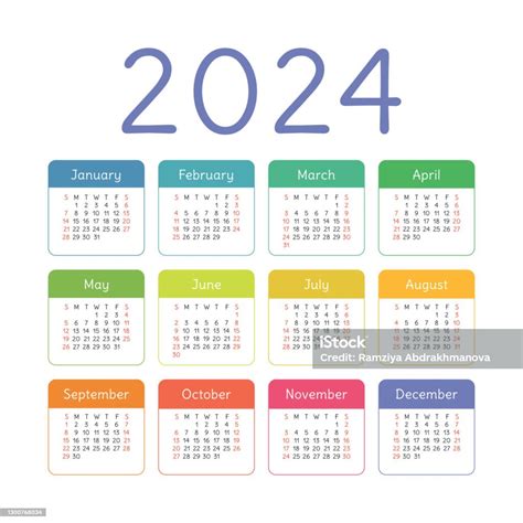 Vetores De Calendário 2024 Ano Inglês Colorido Vetor Quadrado Bolso Ou