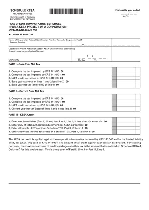 Schedule Kesa Form 41a720kesa Tax Credit Computation Schedule For