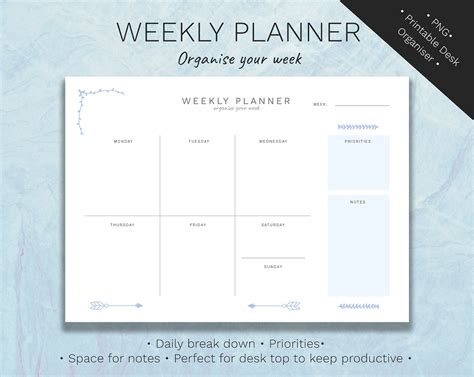 Printable Weekly Planner A4 Print Out Desk Organiser Daily Notes