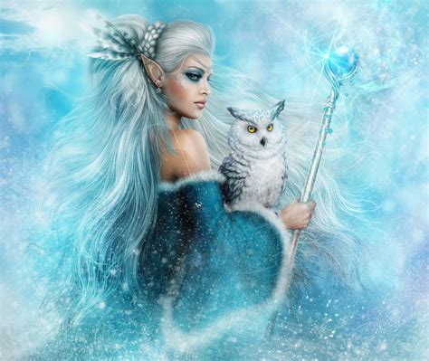 Fantasy Elf Fantasy Woman Girl White Hair Blue Eyes Owl Staff White