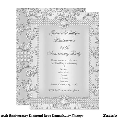 25th Anniversary Diamond Rose Damask Silver Long Invitation Zazzle