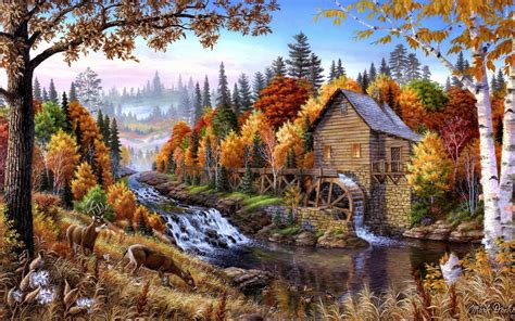 Pics Photos Old Mill Fall Water Wheel Autum Mills Painting Wallpaper