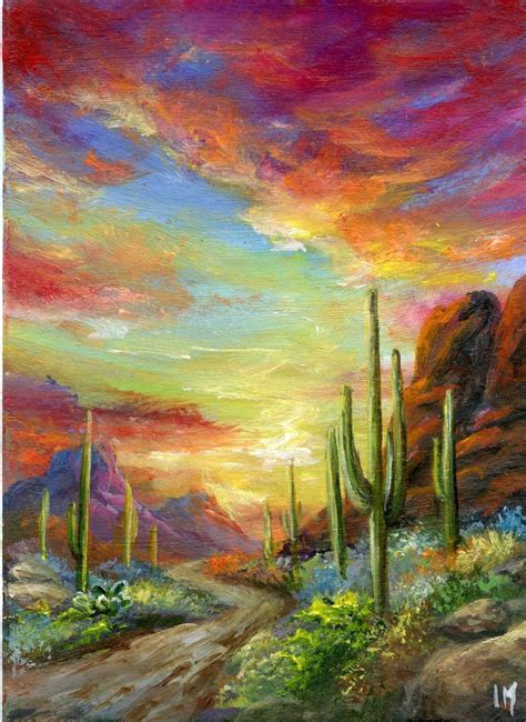 Aceo Original Arizona Desert Mountains Sunset Acrylic Miniature