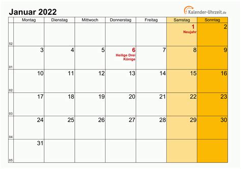 Januar 2022 Kalender Mit Feiertagen