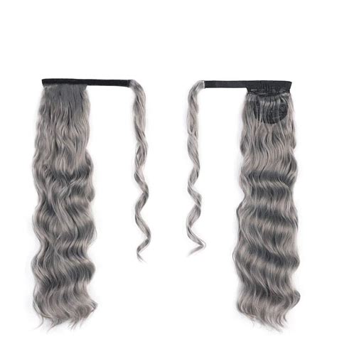 Silver Grey Human Hair Pony Tail Hairpiece Wrap Around Dye Free Natural