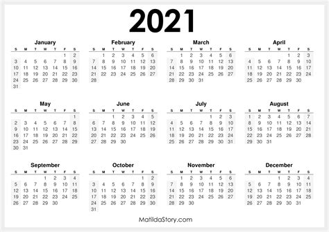J is for january, with the month similar to the previous calendar design, this features inverted colors. 2021 Printable Free Calendar, Horizontal, White - Sunday ...