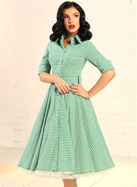 Way Out West Emerald Gingham Vintage Style Swing Dress British Retro