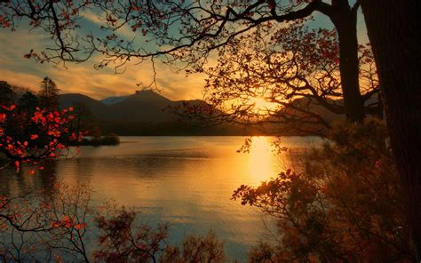 природа горы озеро деревья листья осень рассвет обои рабочий стол