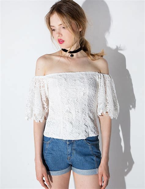 Lyst Pixie Market Lace Bell Sleeve Off The Shoulder Top In White