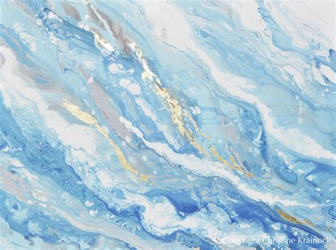 ORIGINAL Art Light Blue Aqua White Abstract Painting Gold Leaf Marbled Coastal Wall Art X