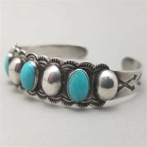 Vintage Signed Ih Native American Navajo Coin Silver Turquoise Bangle