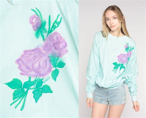 Rose Sweatshirt S Mint Blue Floral Sweatshirt Airbrush Flower Print Sweater Pastel Kawaii