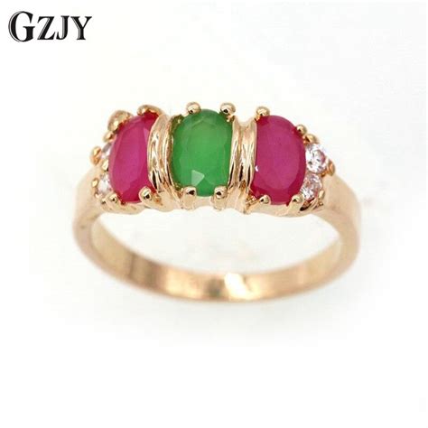 GZJY Beautiful Cute Round Jewelry Green Red Zircon Champagne Gold Color Ring For Women Fashion