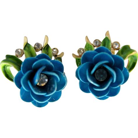 Trifari Turquoise Blue Enamel Rose Flower Earrings | Enamel flower, Rose flower, Flower earrings