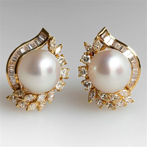 Fine Estate Jewelry Pearl Earrings W Diamond Spray 18k Gold